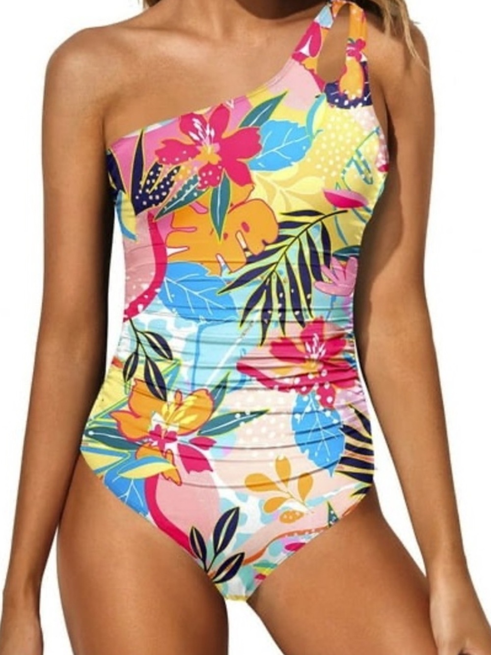 Holipick One-Shoulder Tropical Floral One Piece Swimsuit Size M